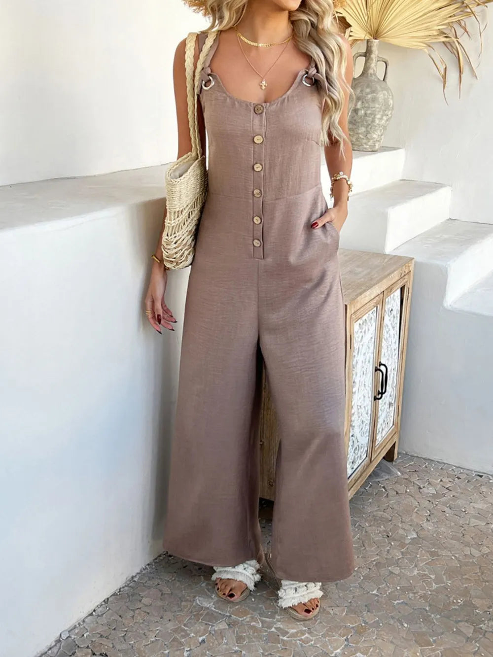 Devine Button Front Knotted Strap Wide Leg Jumpsuit