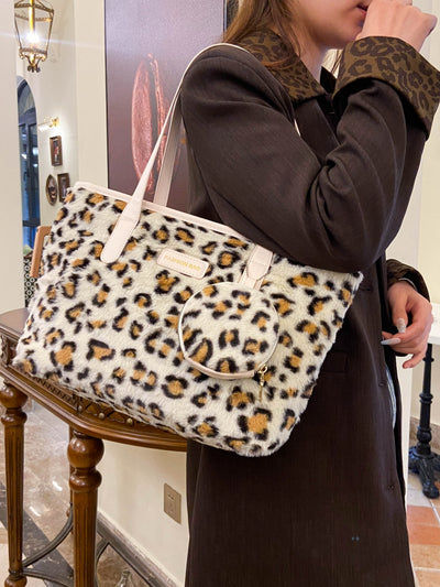Leopard Faux Fur Tote Bag with Coin Purse for Chic Style