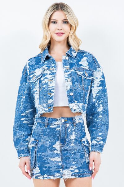 Women's Fashion Jacquard Trim Cropped Denim Jacket