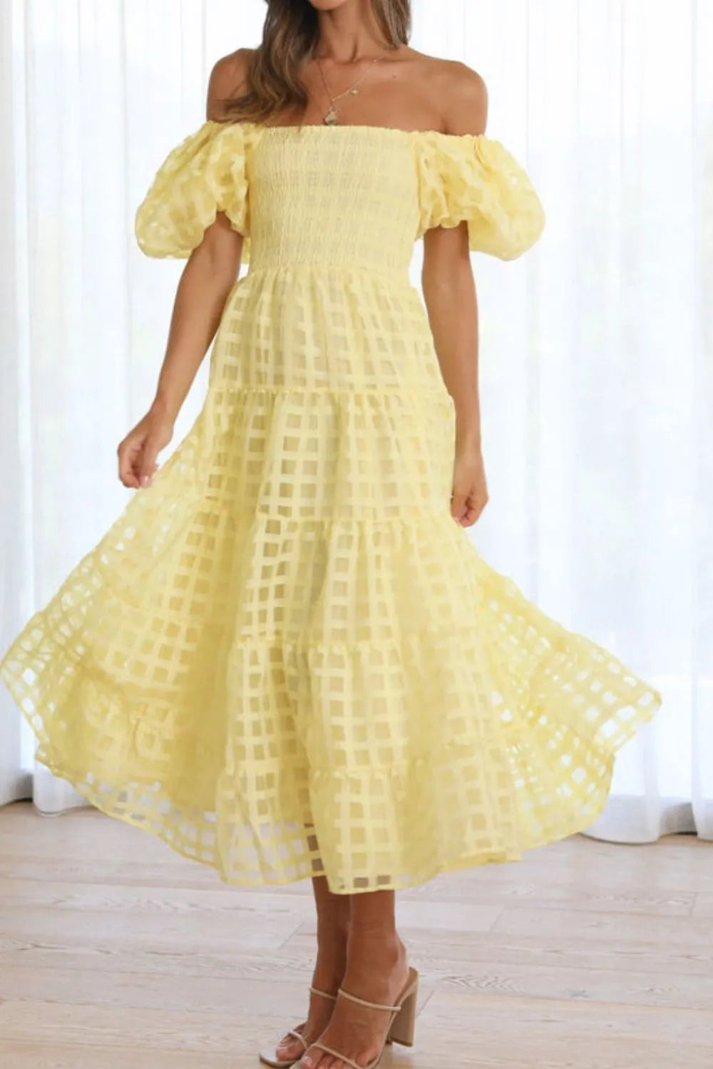 Off Shoulder Short Puff Sleeve Midi Dress