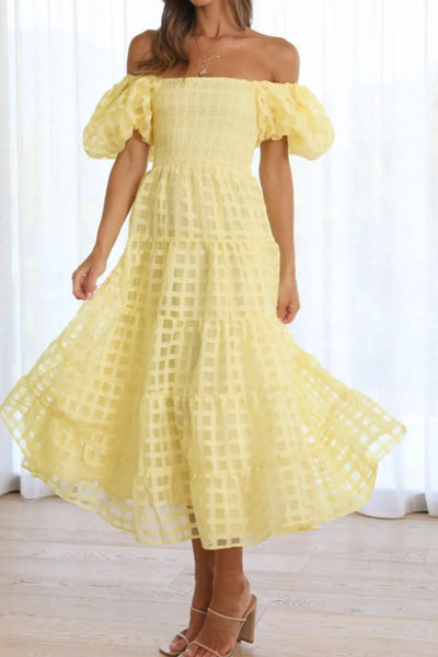 Off Shoulder Short Puff Sleeve Midi Dress