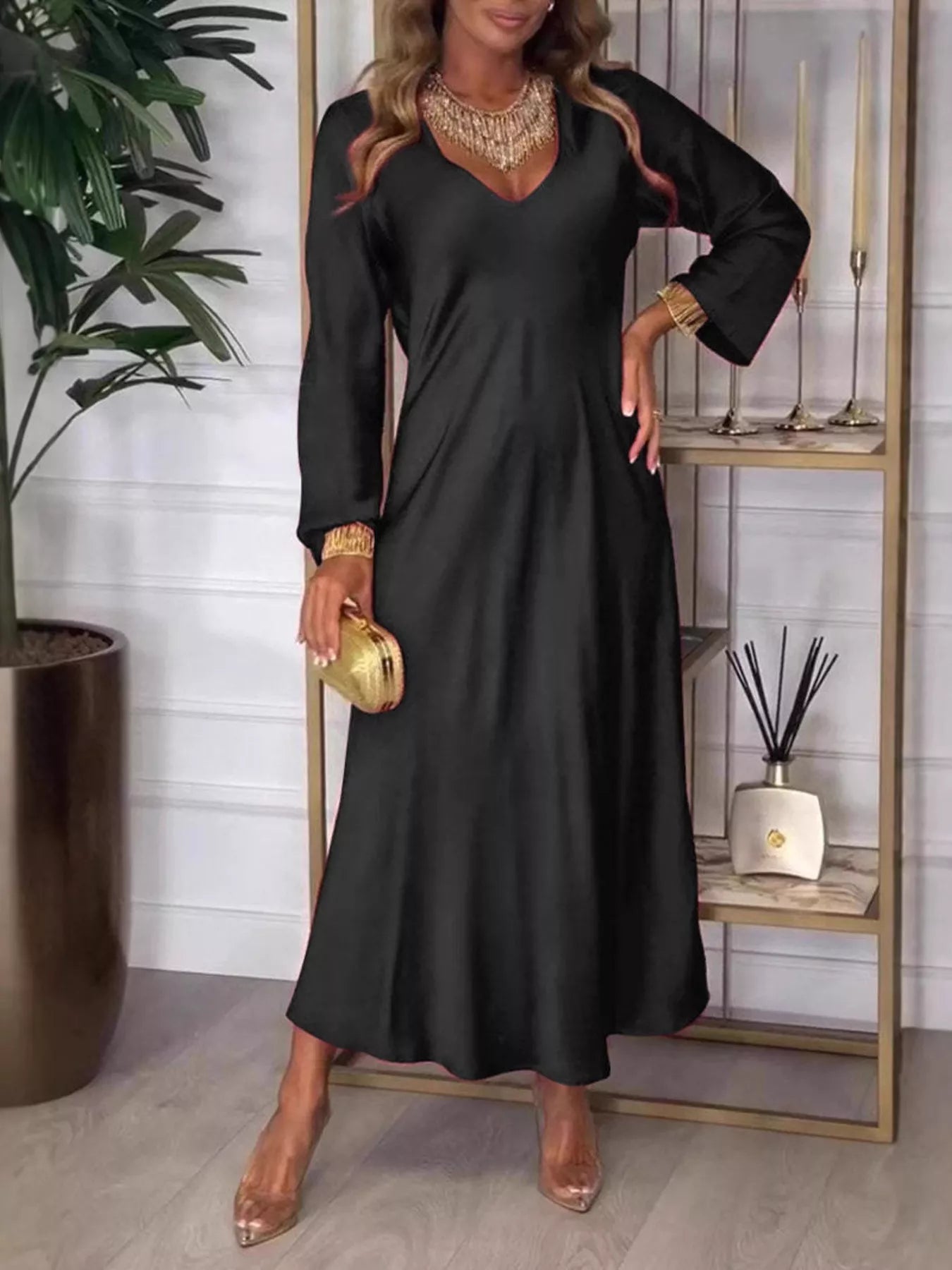 Full Size V-Neck Long Sleeve Midi Dress Plus Size