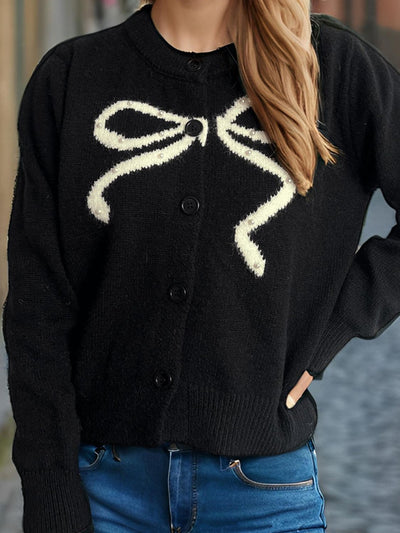 Chic Bow Button Cardigan with Stylish Round Neck Design