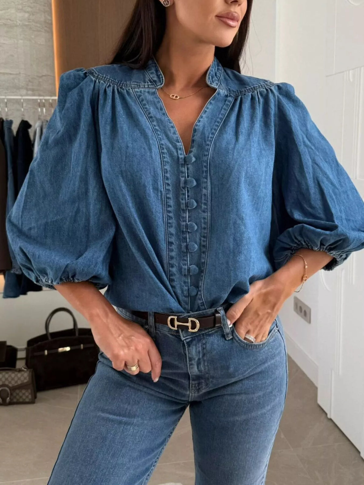 Button-Down Puff Sleeve Denim Top
