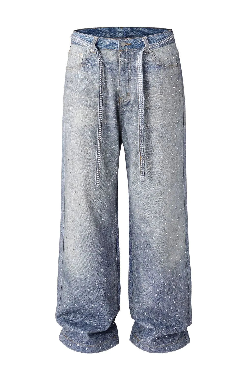 Men's Washed Rhinestone Jeans with Rhinestone Belt
