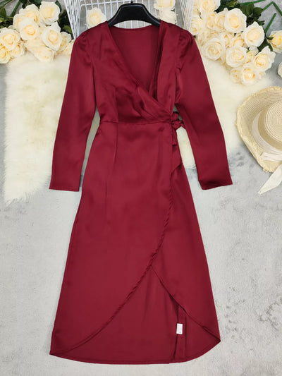 Surplice Satin Long Sleeve Dress