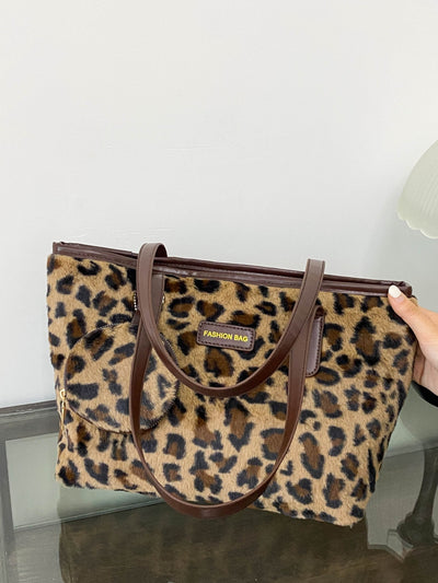 Leopard Faux Fur Tote Bag with Coin Purse for Chic Style