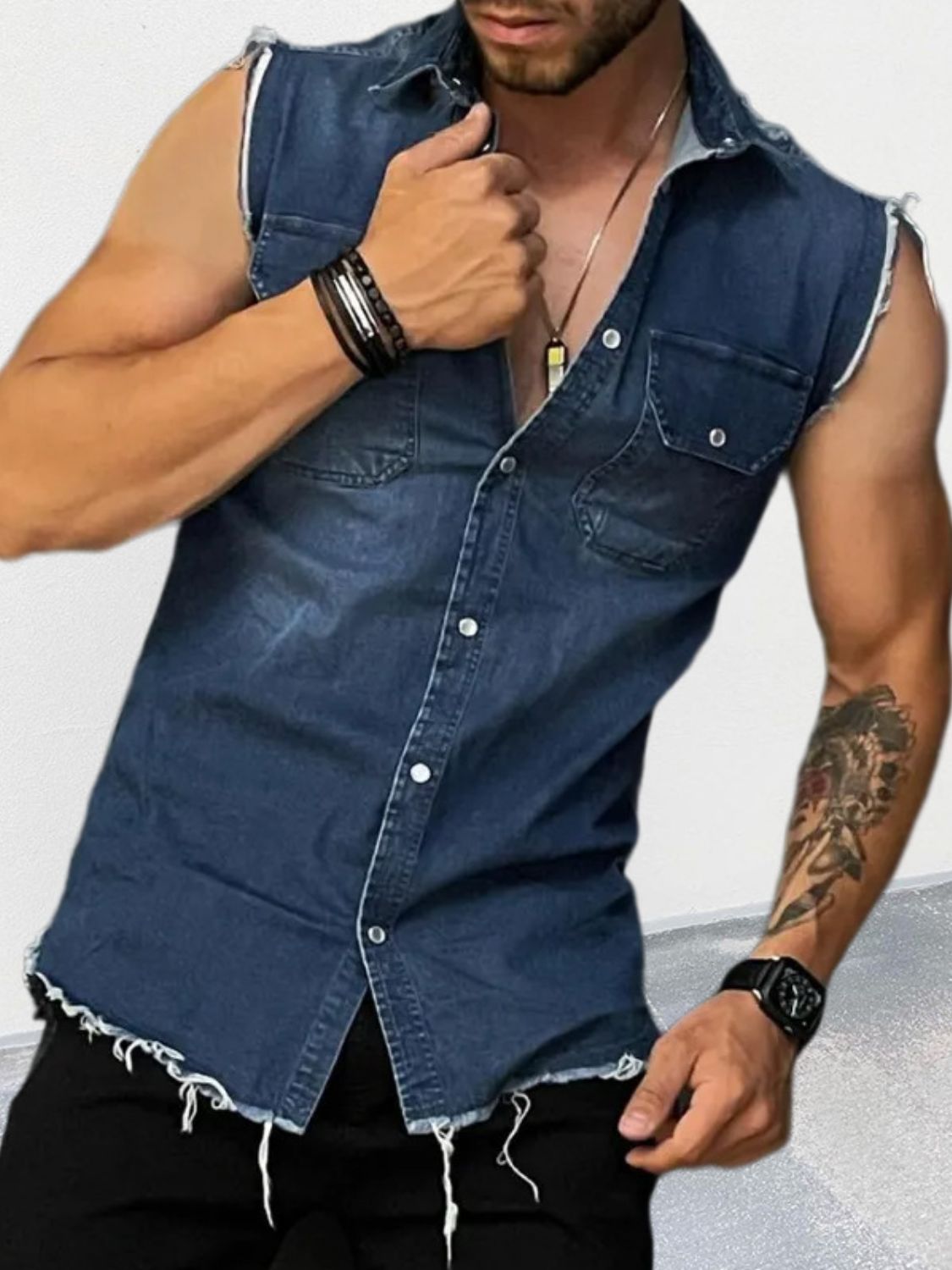 Men's Snap Down Sleeveless Denim Shirt for Casual Style