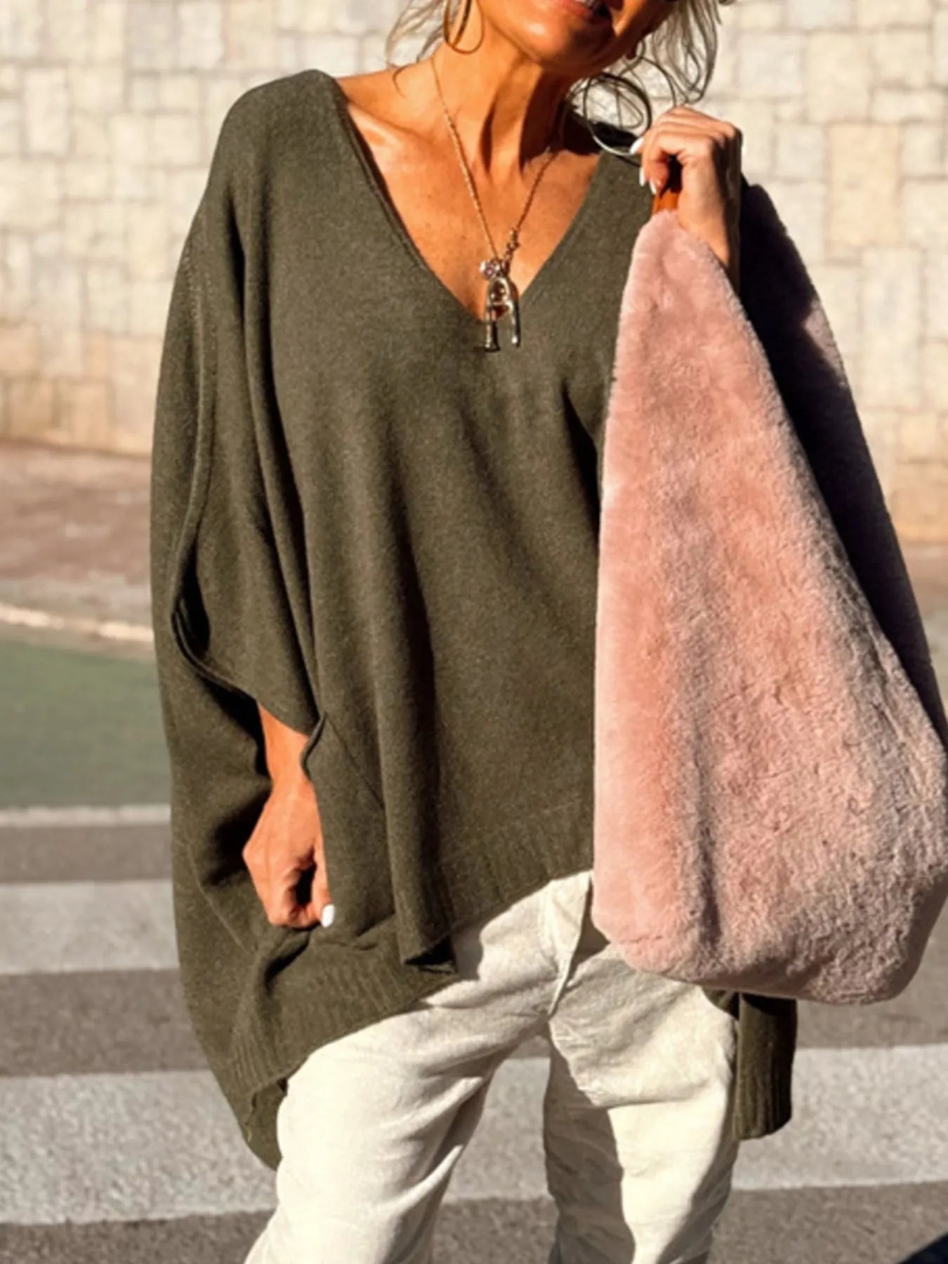 Ribbed Hem V-Neck Sweater