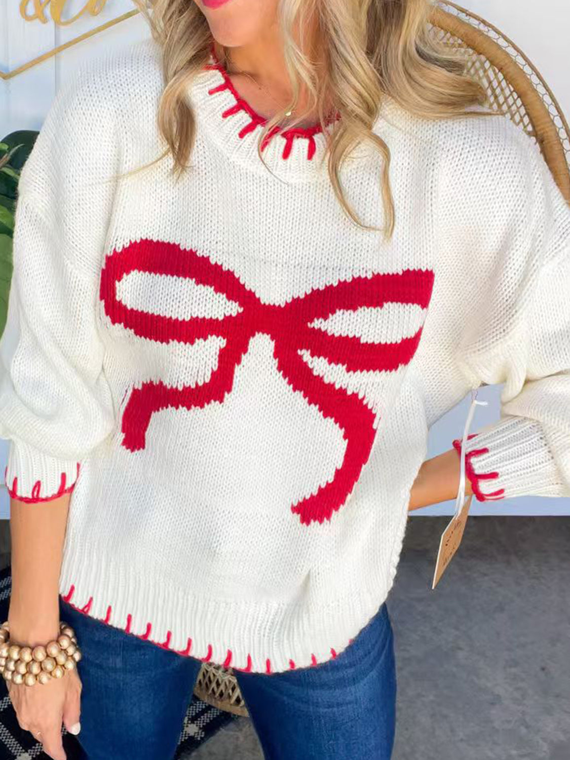 Cozy Bow Round Neck Sweater - Festive Red & White Style