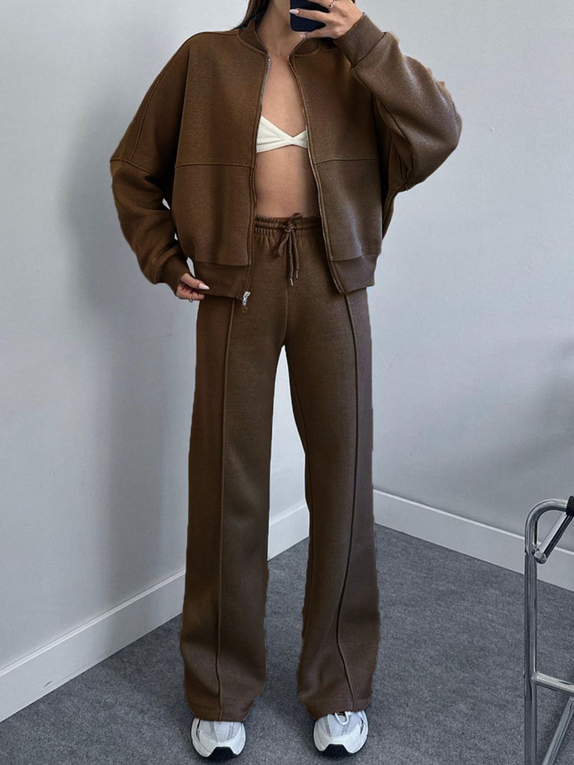 Casual Baseball Collar Zip Top & Drawstring Pants Set