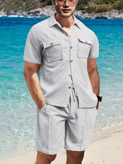 Men's Full Size Button Down Short Sleeve Top and Shorts Set Plus Size for Summer Style