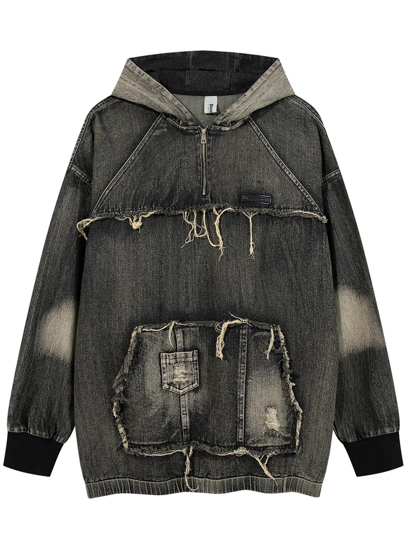 Men's Distressed Denim Patchwork Oversized Hoodie with Frayed Details