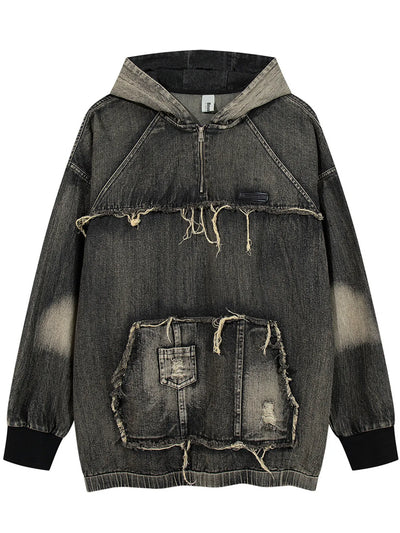 Men's Distressed Denim Patchwork Oversized Hoodie with Frayed Details