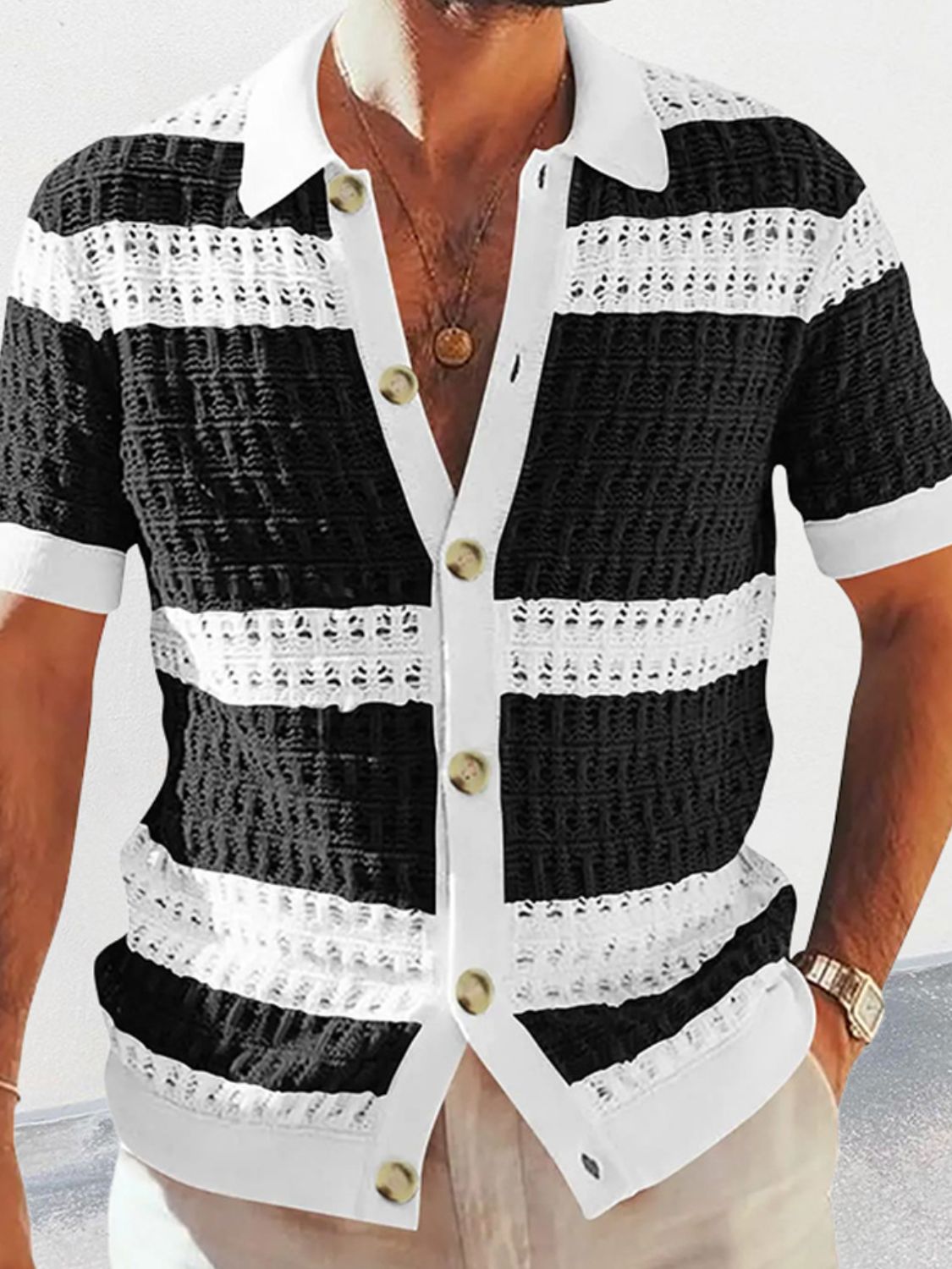 Men's Button Down Collared Neck Contrast Openwork Shirt Style