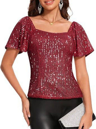 Square Neck Sequin Short Sleeve Blouse