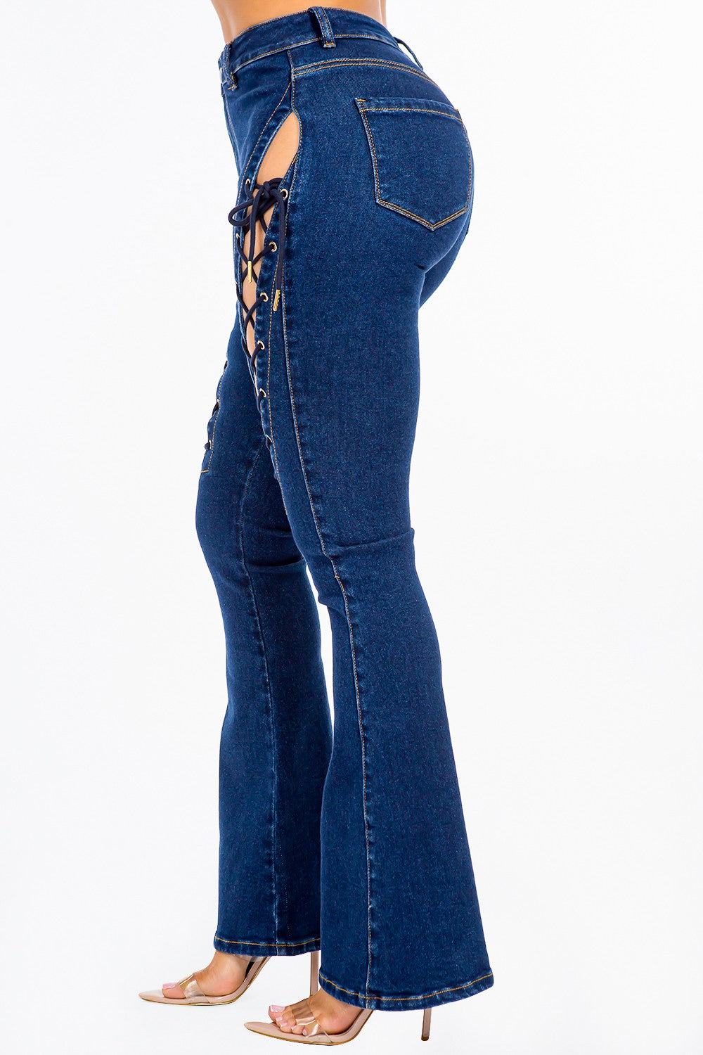 Women's High-Rise Lace-Up Denim Jeans with Flared Legs