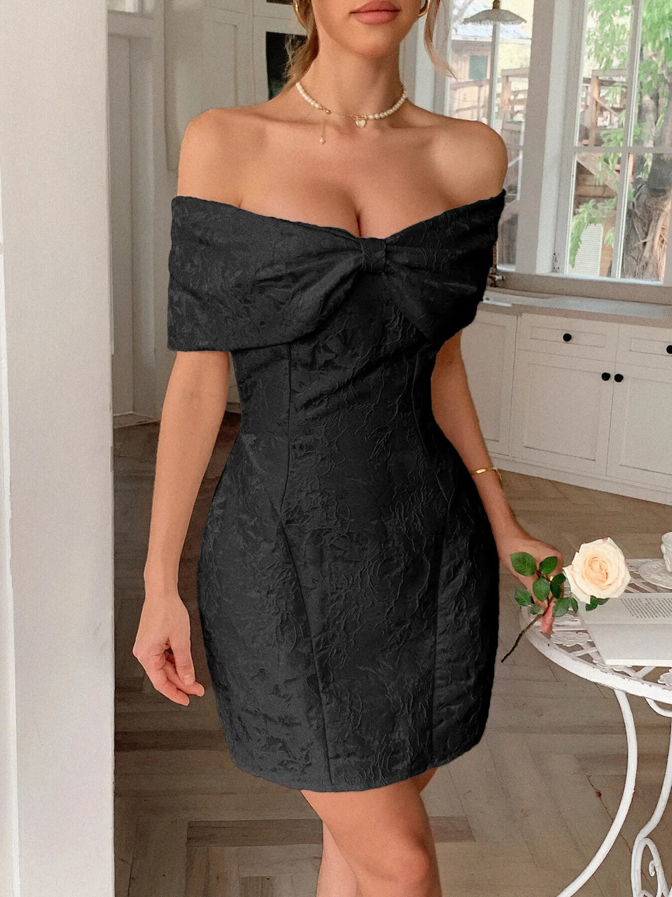 Bow Off-Shoulder Textured Mini Dress
