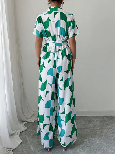 Geometric Print Belted Wide Leg Jumpsuit
