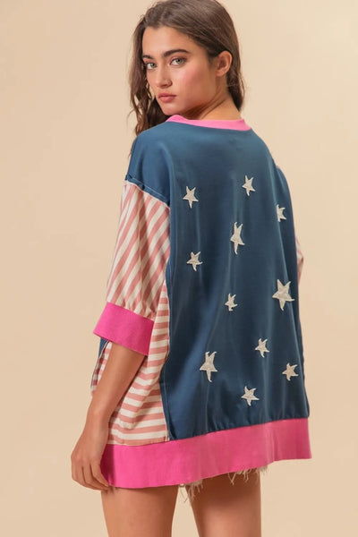 BiBi US Flag Theme Color Block Star Patch T-Shirt