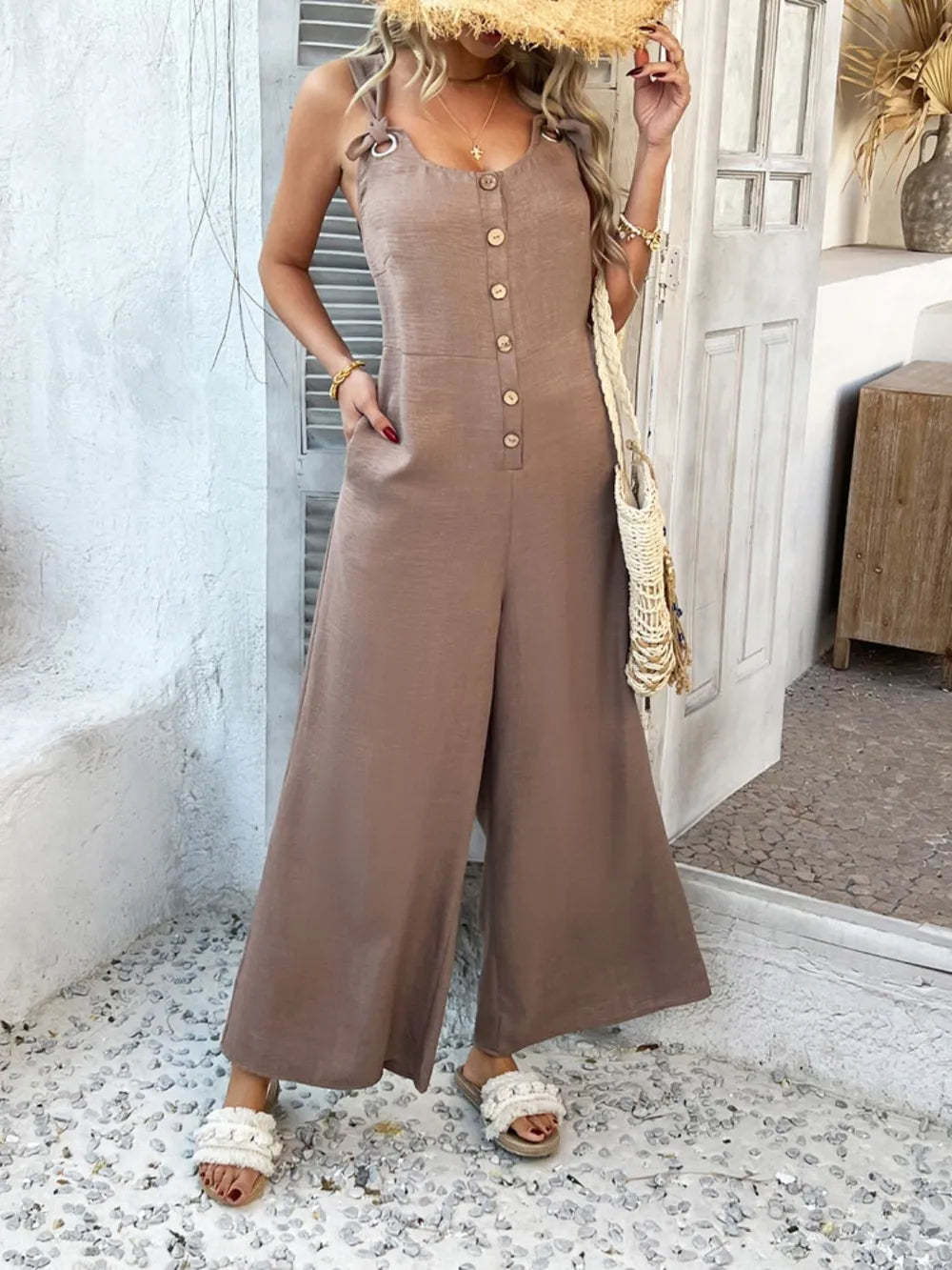 Devine Button Front Knotted Strap Wide Leg Jumpsuit