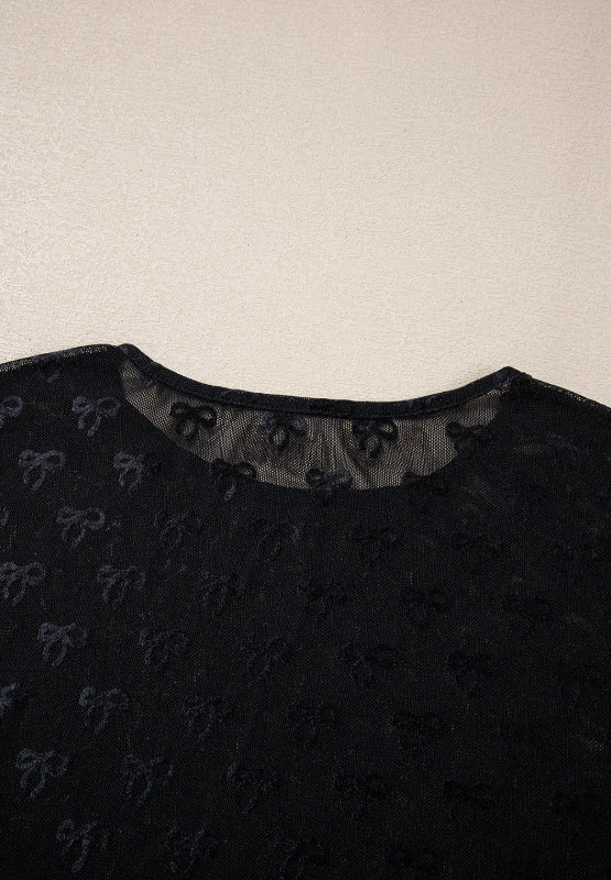 Chic Bow Round Neck Top with Sheer Mesh and Long Sleeves