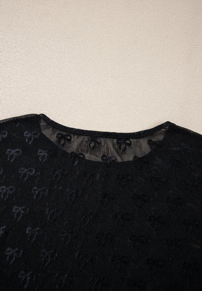Chic Bow Round Neck Top with Sheer Mesh and Long Sleeves