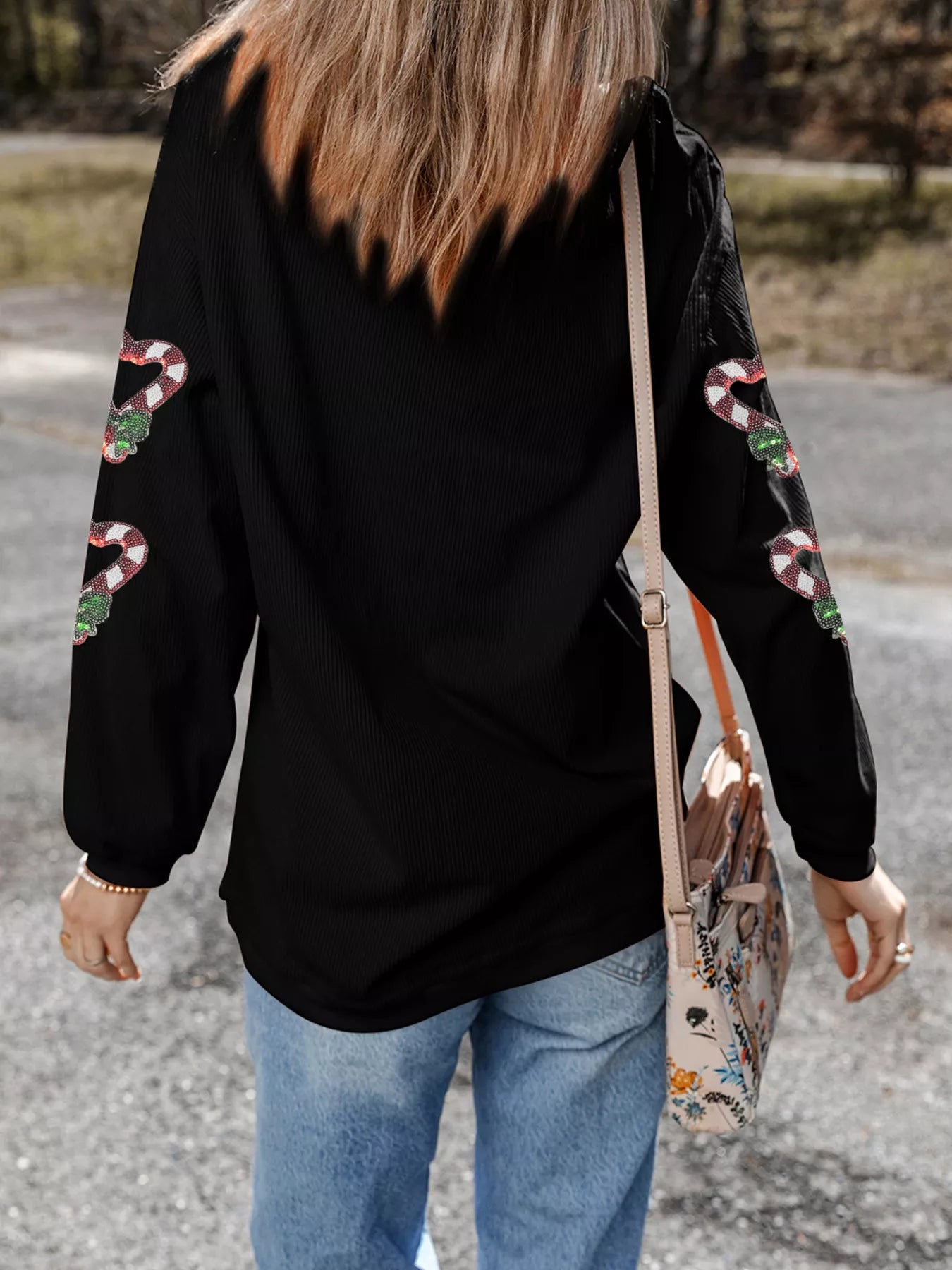 Sequin Christmas Candy Cane Heart Graphic Drop Shoulder Ribbed Sweatshirt