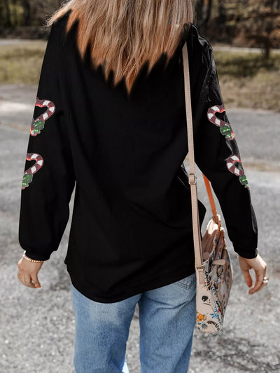 Sequin Christmas Candy Cane Heart Graphic Drop Shoulder Ribbed Sweatshirt