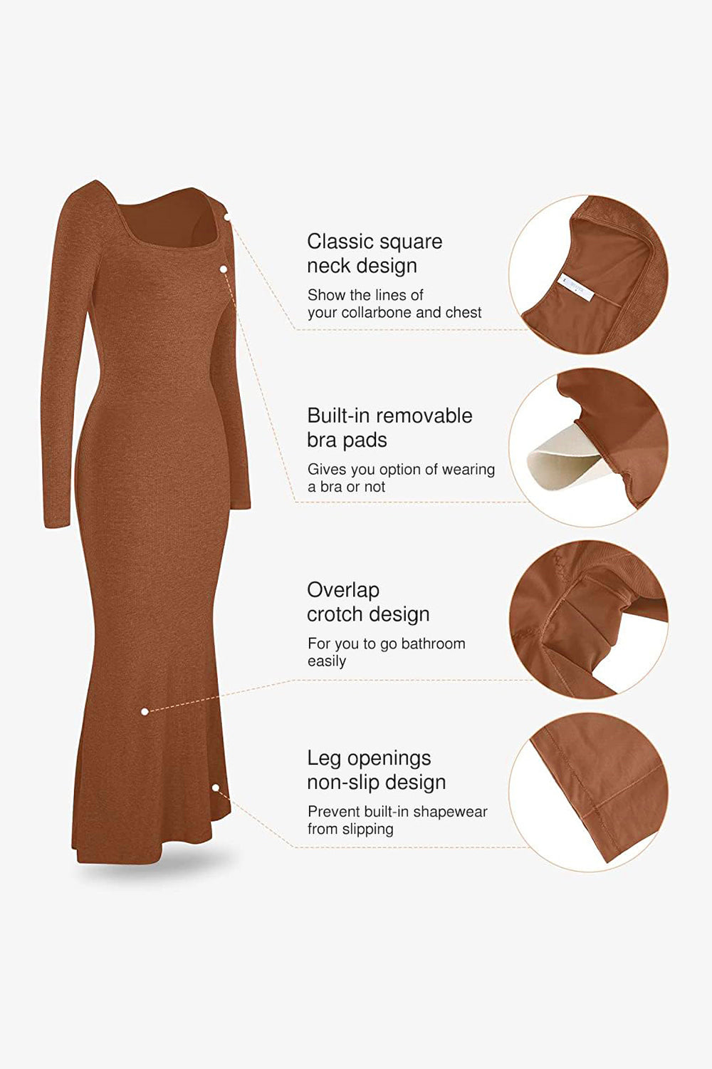 Flattering Shapewear Maxi Dress with Square Neck & Long Sleeves