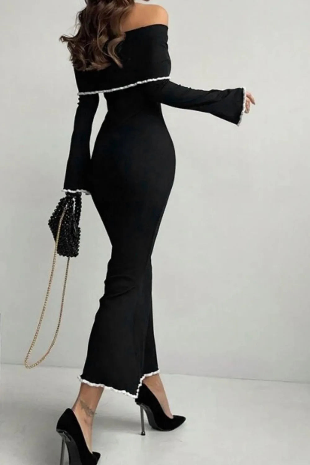 Contrast Trim Off-Shoulder Long Sleeve Maxi Sweater Dress