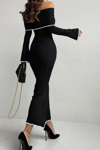 Contrast Trim Off-Shoulder Long Sleeve Maxi Sweater Dress