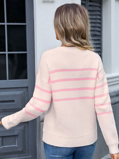 Cozy Angel Wings Striped Sweater with Elegant Round Neck