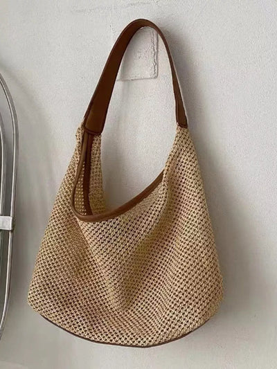 Woven Straw Handbag with Leather Strap