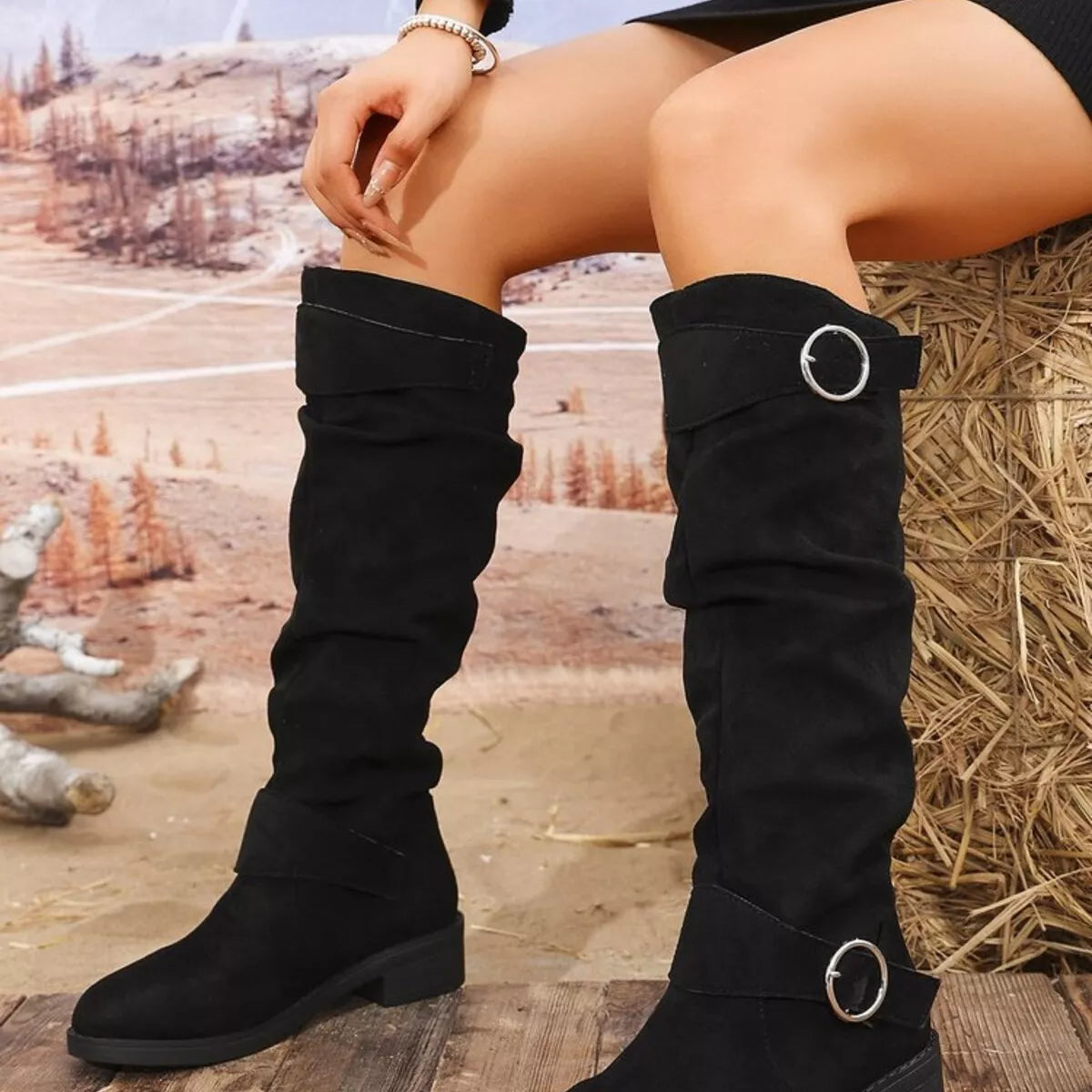 Block Heel Boots with Buckle Detail