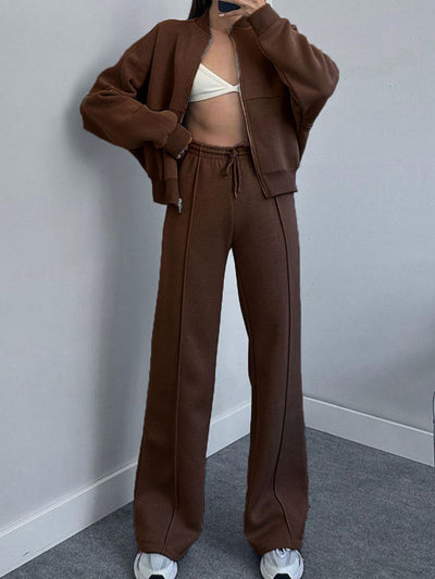 Casual Baseball Collar Zip Top & Drawstring Pants Set