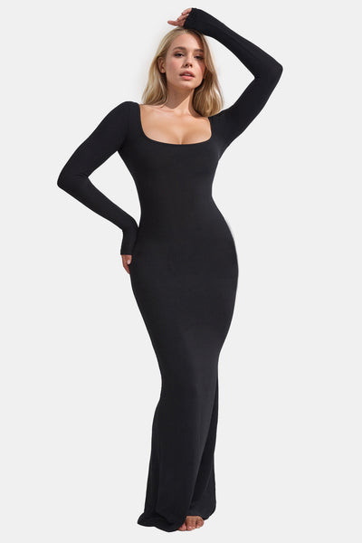 Flattering Shapewear Maxi Dress with Square Neck & Long Sleeves