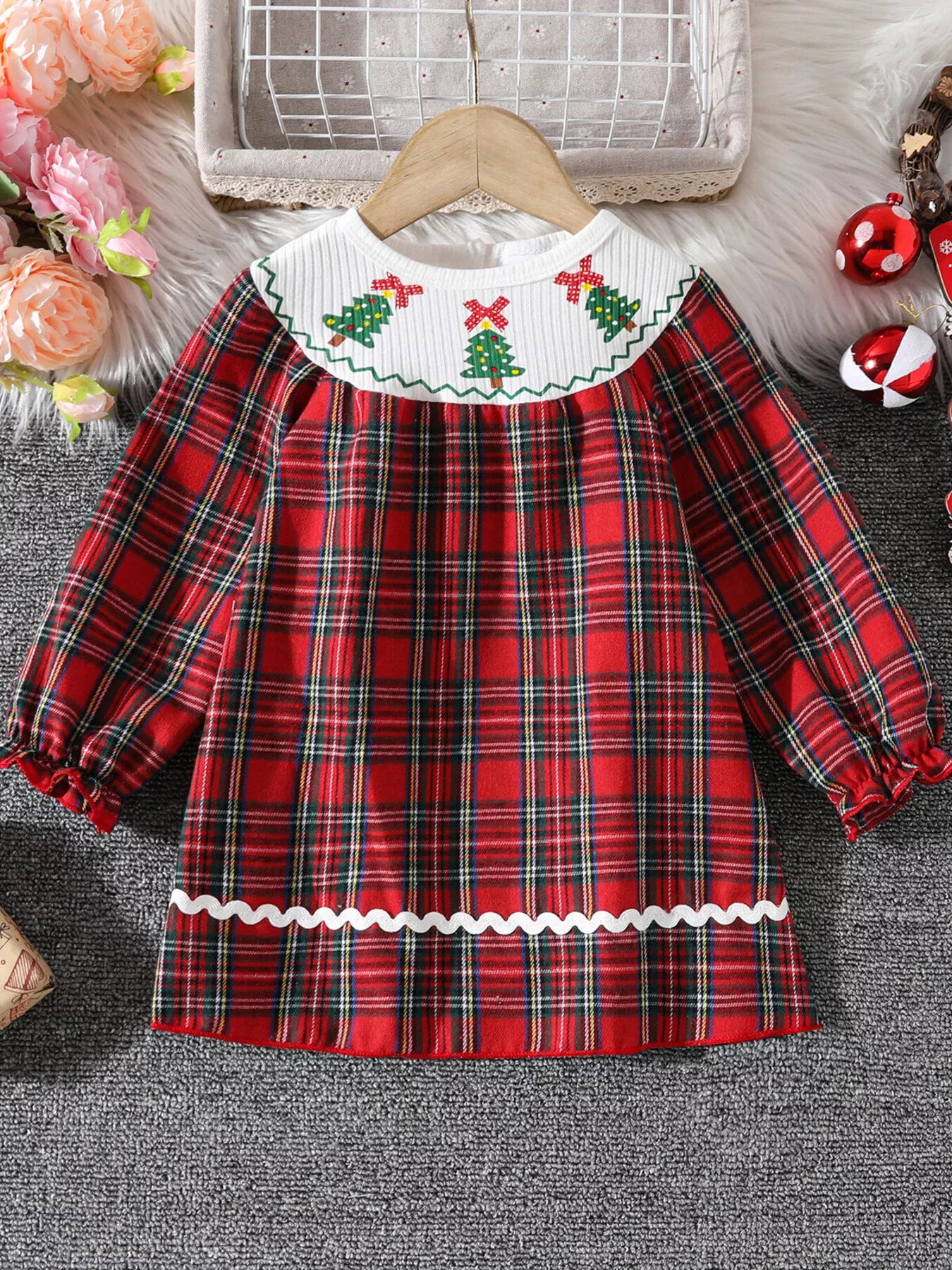 Children's Christmas Plaid Long Sleeve Dress