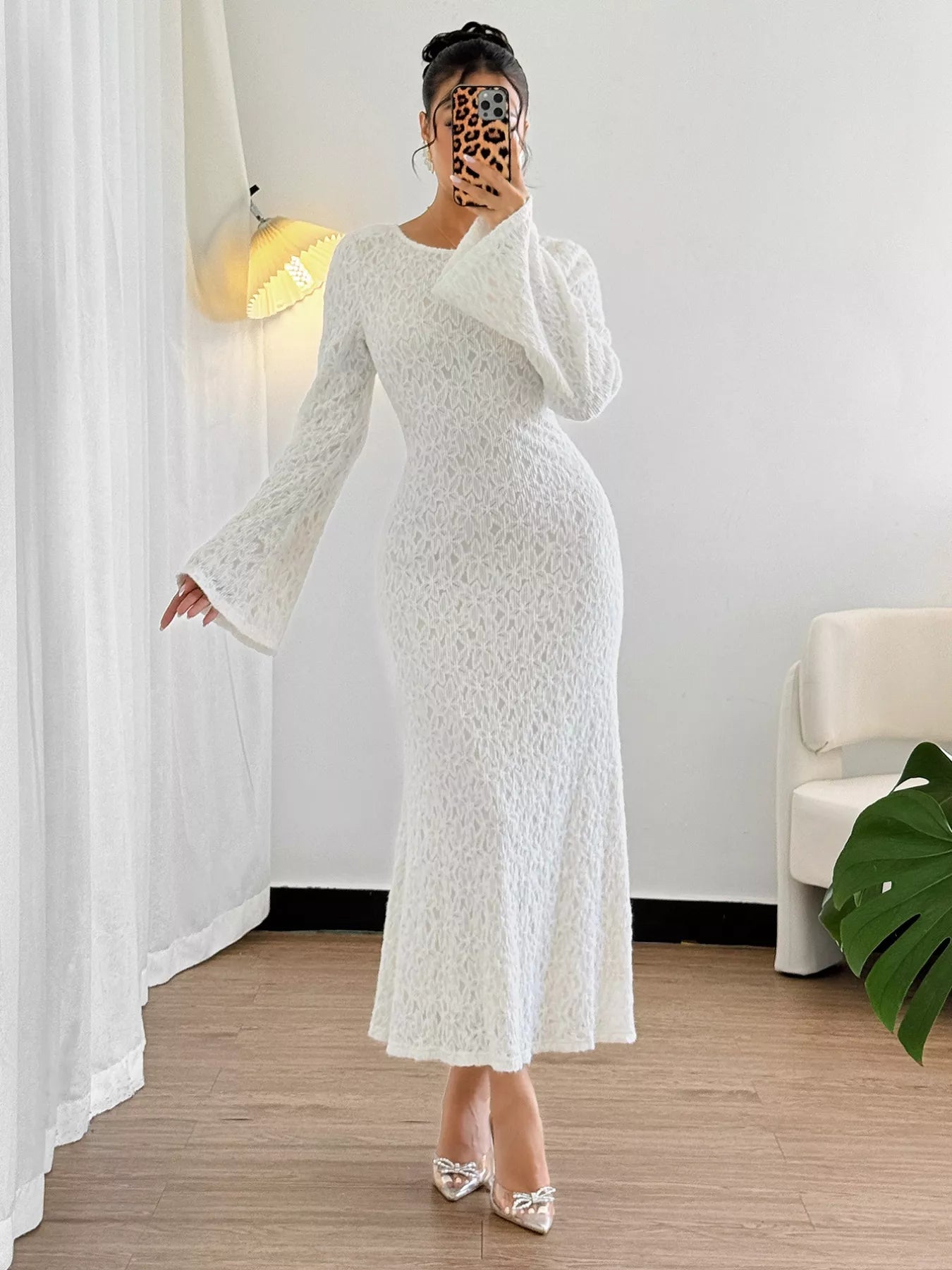 Lace Round Neck Flare Sleeve Dress