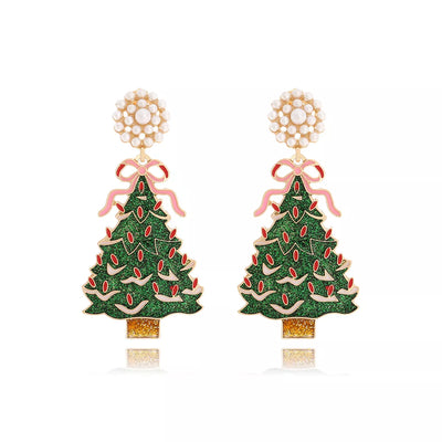 Christmas Tree Dangle Earrings with Pearl
