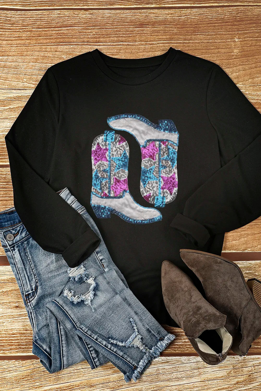 Casual Black Boots Graphic Sweatshirt with Long Sleeves