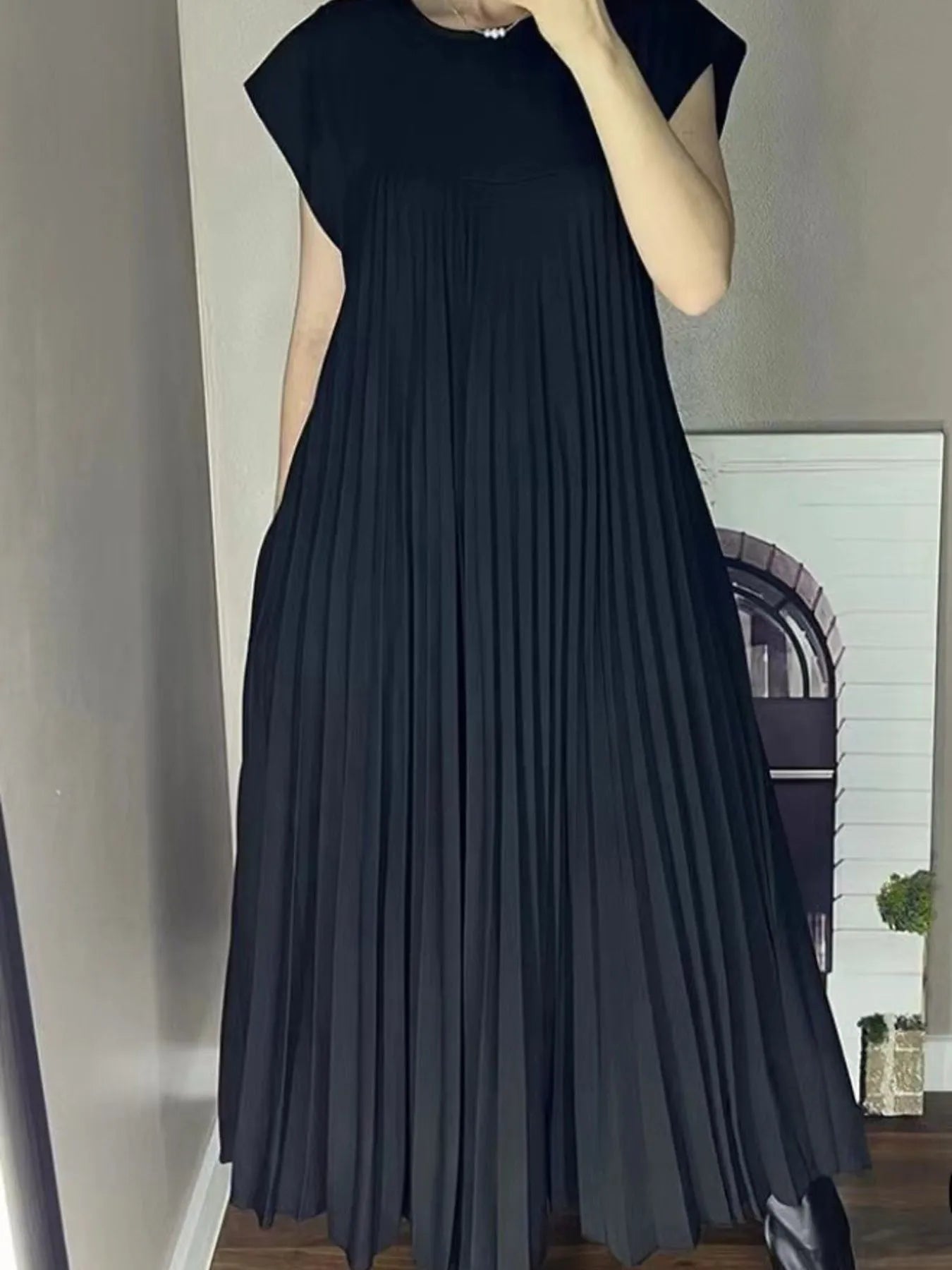 Full Size Pleated Round Neck Maxi Dress Plus Size