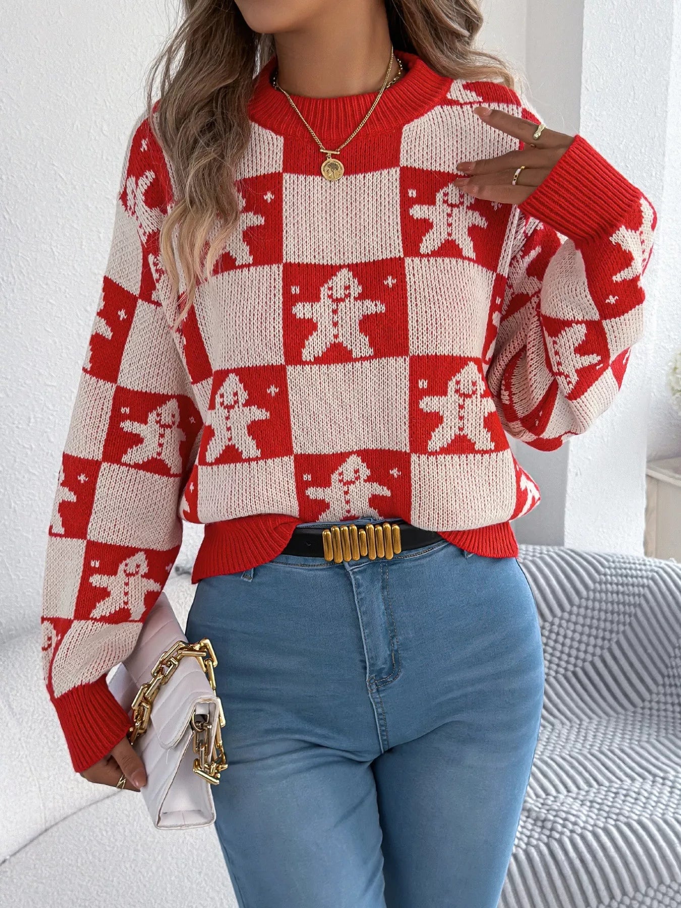 Christmas Checkerboard Gingerbread Round Neck Sweater