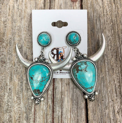 Turquoise Cow Head Earrings with Floral Boho Chic Design