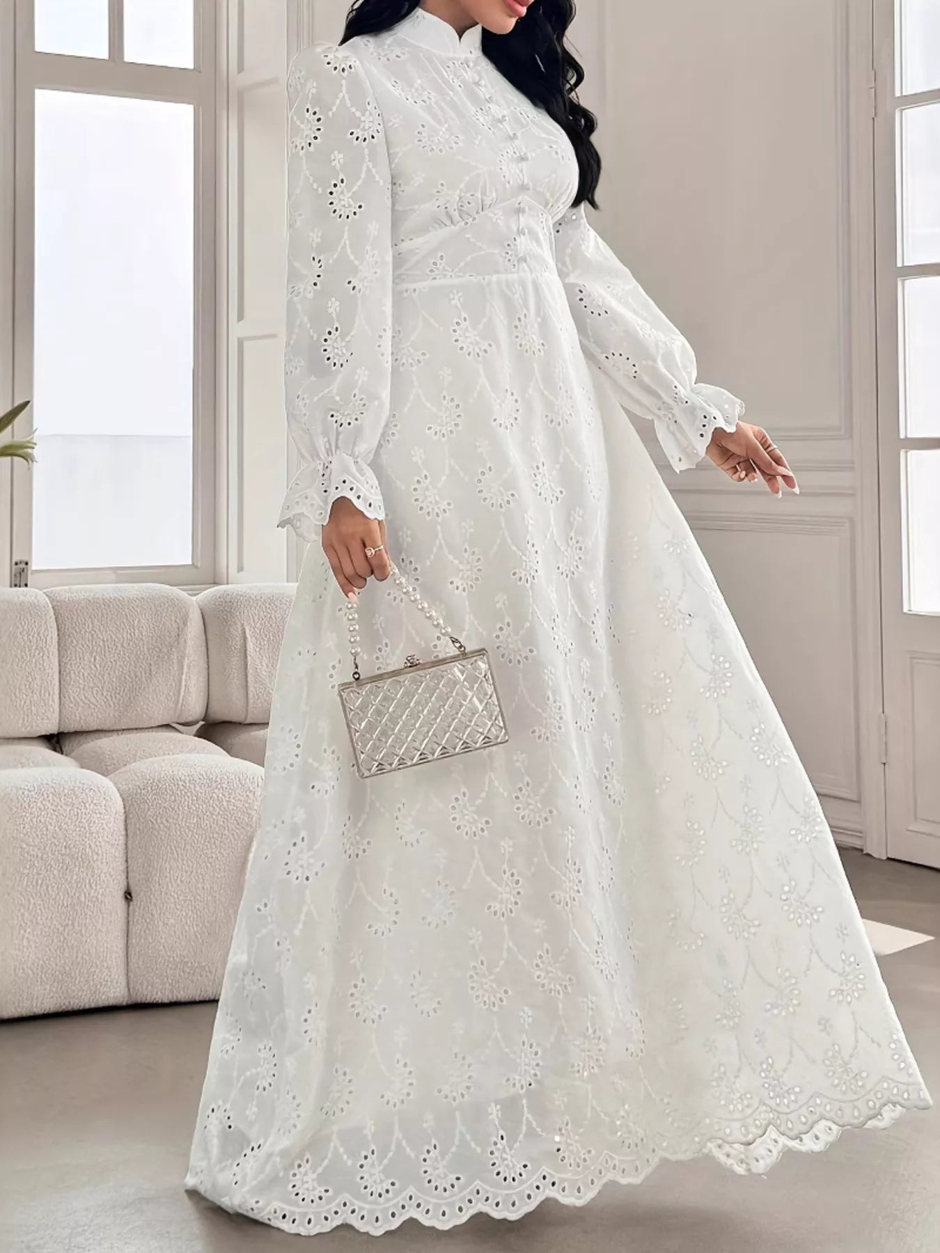 Eyelet Flounce Sleeve Maxi Dress