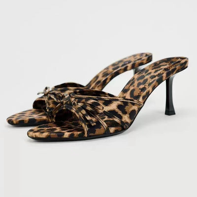 Chic Bow Leopard Print Kitten Heel Sandals - Trendy & Comfortable