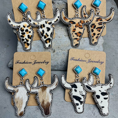 Western Boho Chic Turquoise Bull Head Dangle Earrings