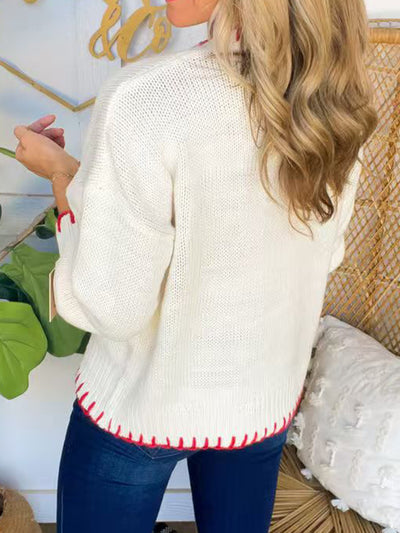 Cozy Bow Round Neck Sweater - Festive Red & White Style