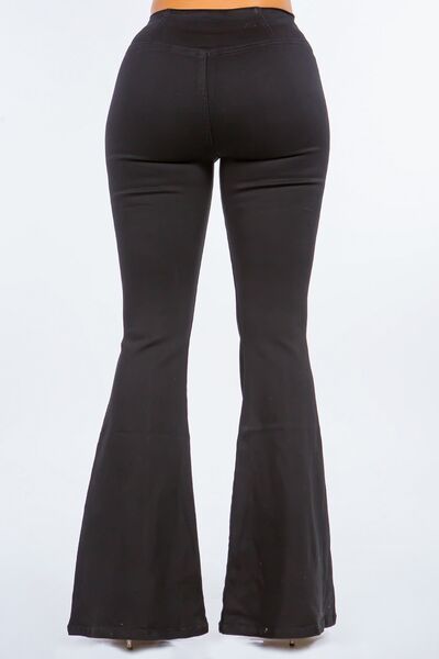 Retro Chic High Waist Pull-On Flare Jeans in Black Denim