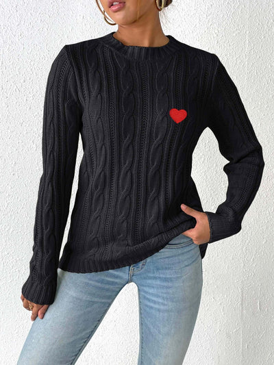 Cozy Cable-Knit Heart Sweater in Soft Pink with Long Sleeves
